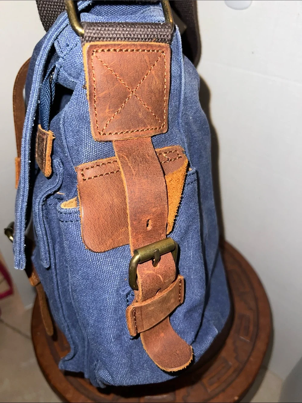 Large Navy Canvas Messenger Bag with Brown Leather Trim by Kattee